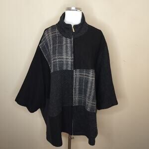 Anne French Wool Poncho Cape Sweater Plaid Chevron Patchwork
